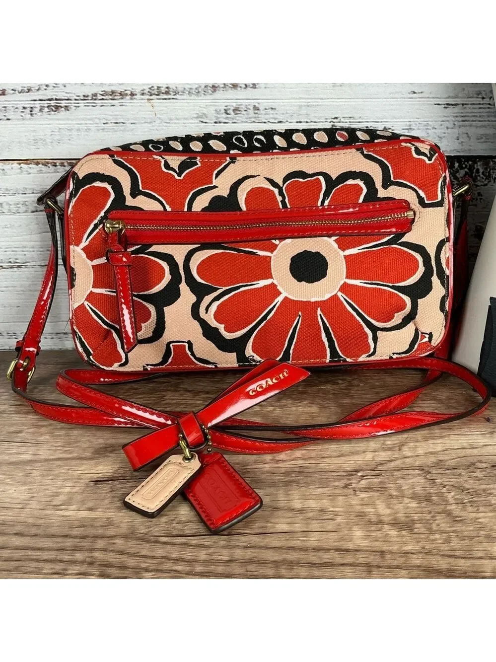 Coach Poppy 25121‎ Floral Red and Black Crossbody Shoulder Bag